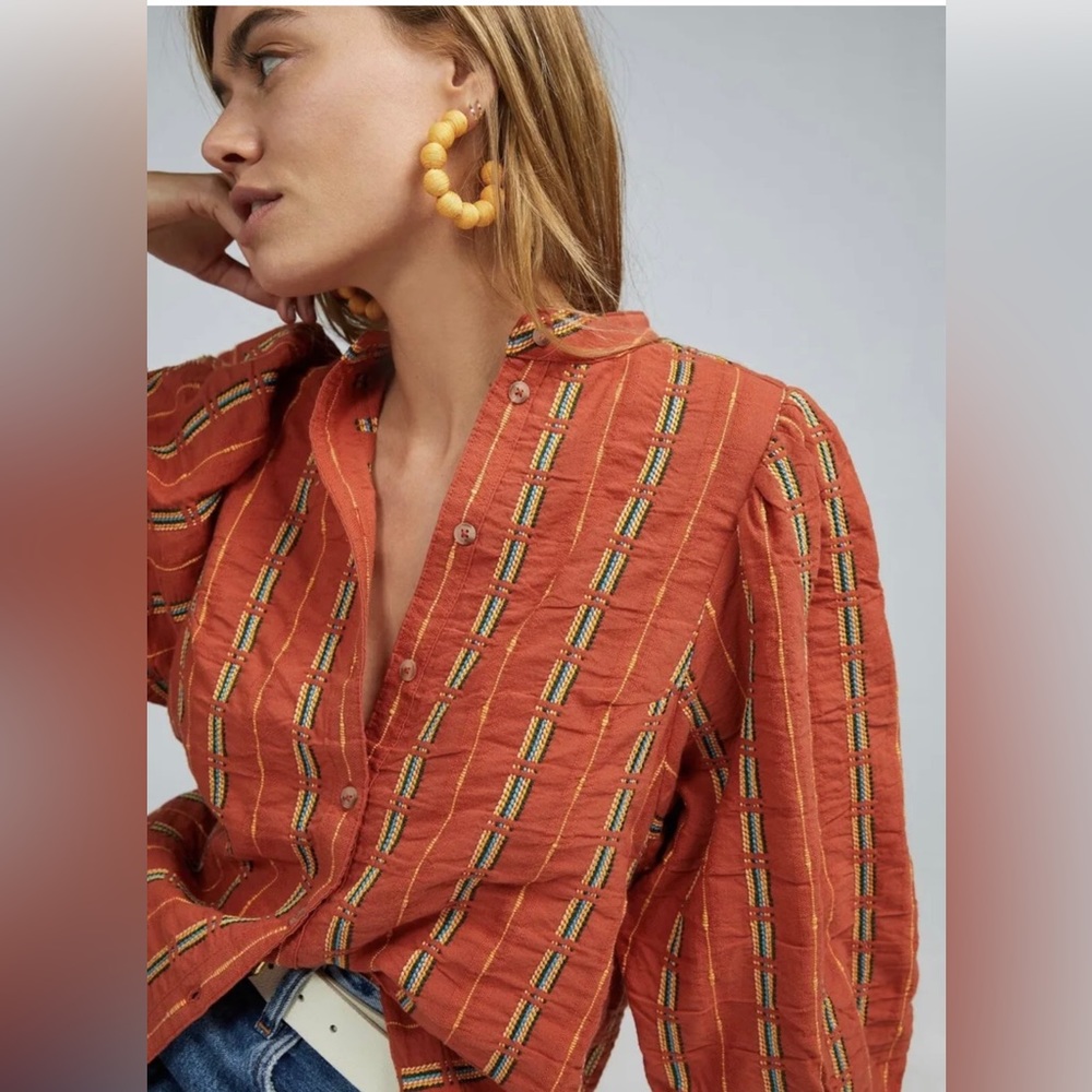 Anthropologie XS Pilcro The Bella Femme Buttondown Shirt Top Embroidered Orange - Picture 10 of 11
